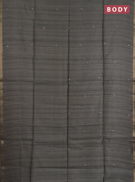 Semi tussar saree grey and cs blue with embroidery buttas and kalamkari prints & pita work pallu