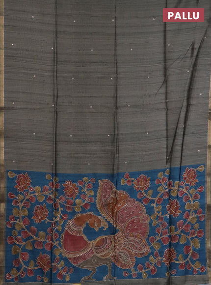 Semi tussar saree grey and cs blue with embroidery buttas and kalamkari prints & pita work pallu