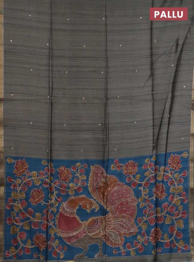 Semi tussar saree grey and cs blue with embroidery buttas and kalamkari prints & pita work pallu