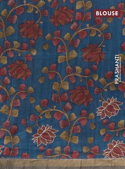 Semi tussar saree grey and cs blue with embroidery buttas and kalamkari prints & pita work pallu