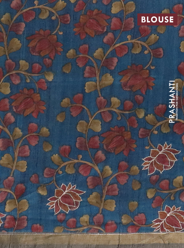 Semi tussar saree grey and cs blue with embroidery buttas and kalamkari prints & pita work pallu