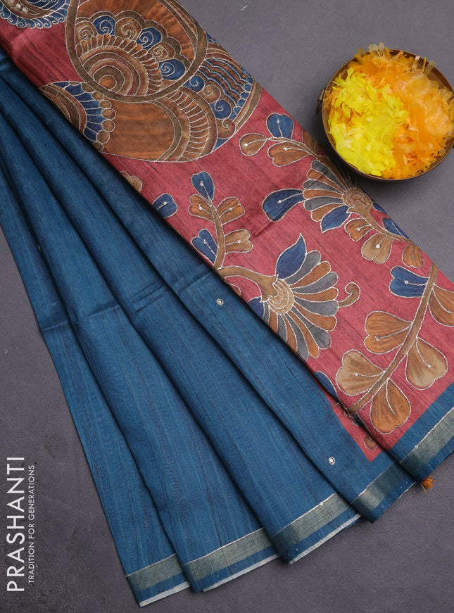 Semi tussar saree cs blue and maroon with embroidery buttas and kalamkari prints & pita work pallu