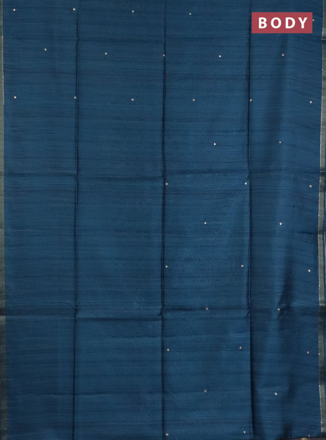 Semi tussar saree cs blue and maroon with embroidery buttas and kalamkari prints & pita work pallu