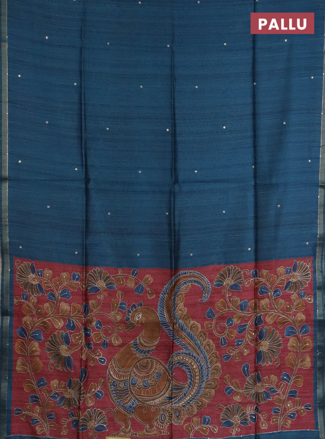 Semi tussar saree cs blue and maroon with embroidery buttas and kalamkari prints & pita work pallu