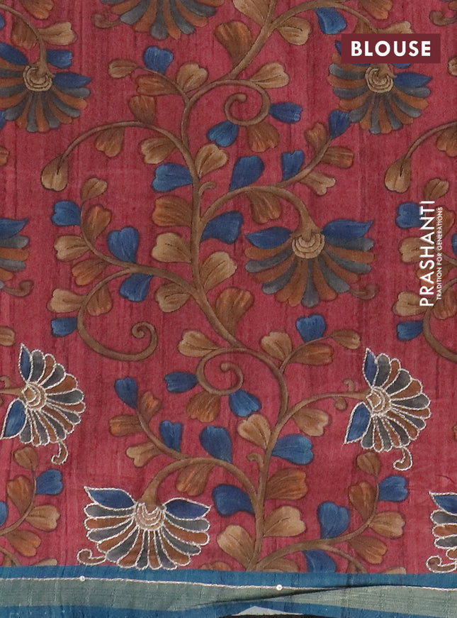 Semi tussar saree cs blue and maroon with embroidery buttas and kalamkari prints & pita work pallu