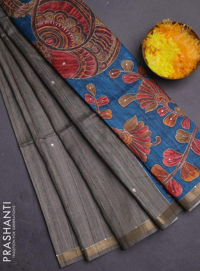 Semi tussar saree grey and peacock blue with embroidery buttas and kalamkari prints & pita work pallu