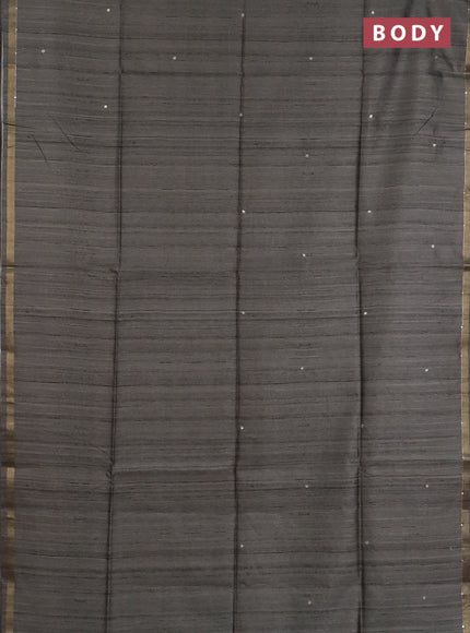 Semi tussar saree grey and peacock blue with embroidery buttas and kalamkari prints & pita work pallu