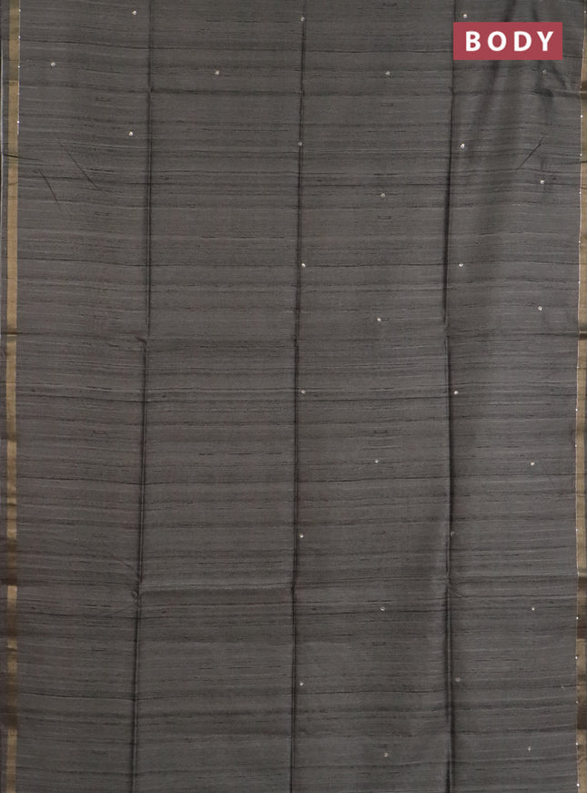 Semi tussar saree grey and peacock blue with embroidery buttas and kalamkari prints & pita work pallu