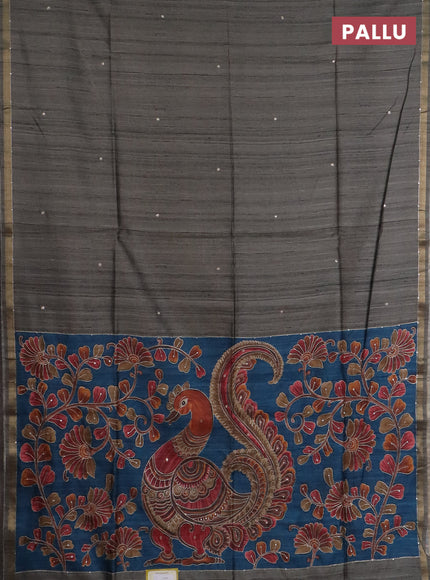 Semi tussar saree grey and peacock blue with embroidery buttas and kalamkari prints & pita work pallu