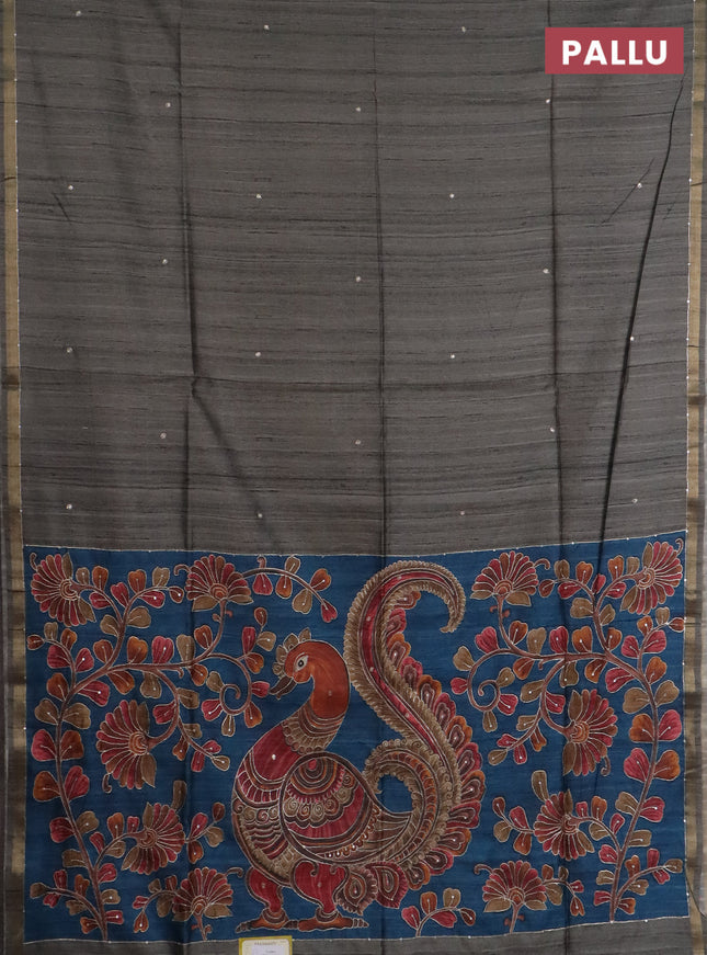 Semi tussar saree grey and peacock blue with embroidery buttas and kalamkari prints & pita work pallu