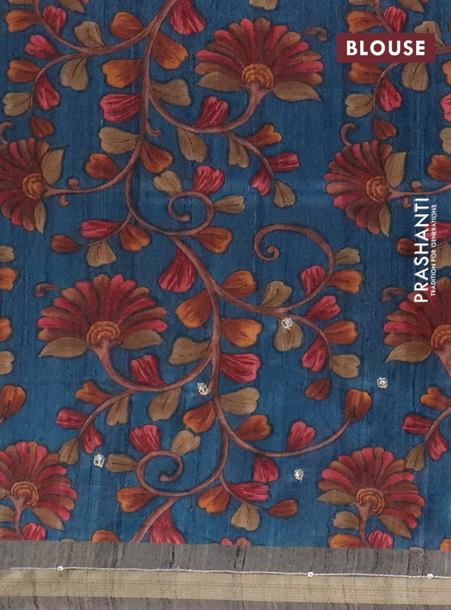 Semi tussar saree grey and peacock blue with embroidery buttas and kalamkari prints & pita work pallu