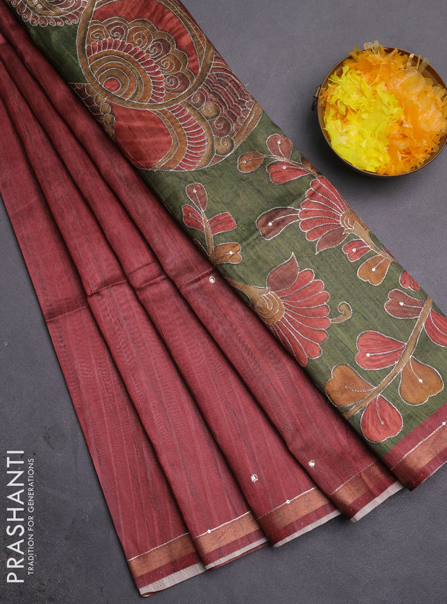 Semi tussar saree maroon and sap green with embroidery buttas and kalamkari prints & pita work pallu