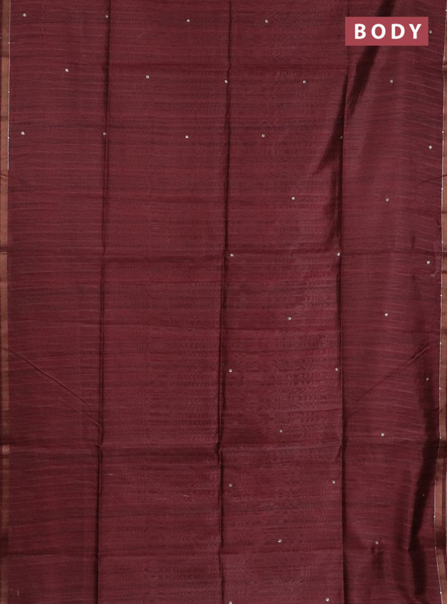 Semi tussar saree maroon and sap green with embroidery buttas and kalamkari prints & pita work pallu