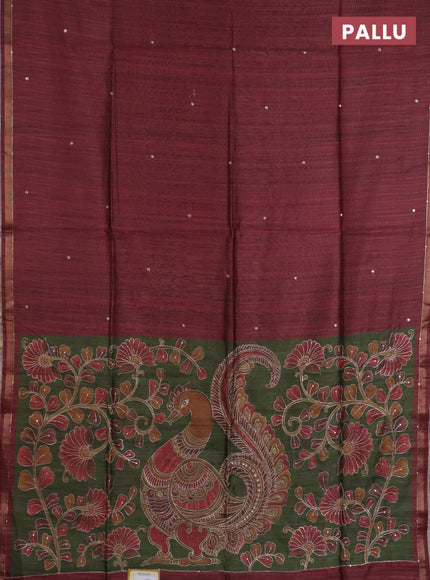 Semi tussar saree maroon and sap green with embroidery buttas and kalamkari prints & pita work pallu