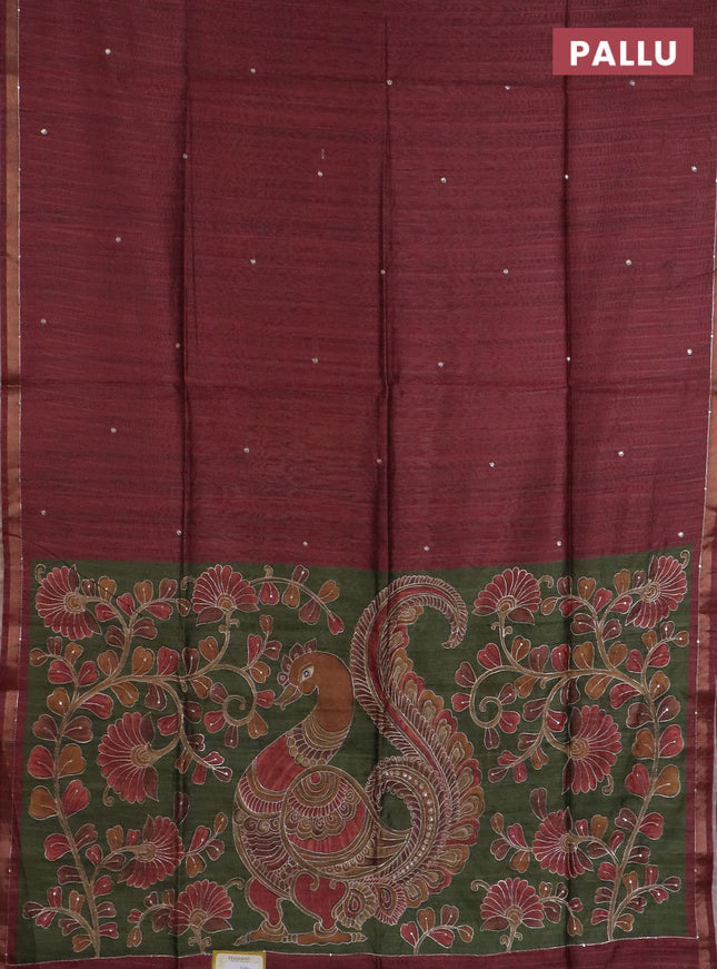 Semi tussar saree maroon and sap green with embroidery buttas and kalamkari prints & pita work pallu