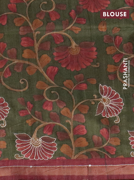 Semi tussar saree maroon and sap green with embroidery buttas and kalamkari prints & pita work pallu
