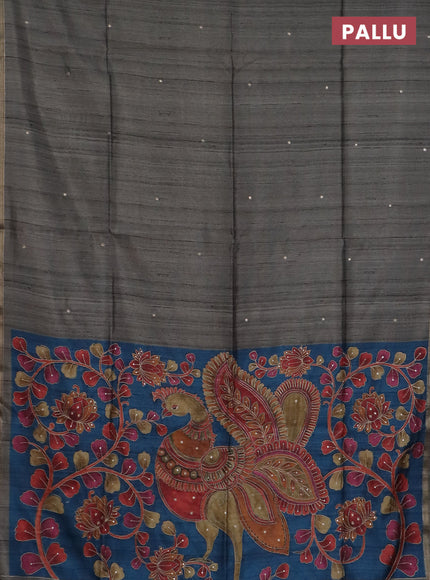 Semi tussar saree grey and cs blue with embroidery buttas and kalamkari prints & pita work pallu