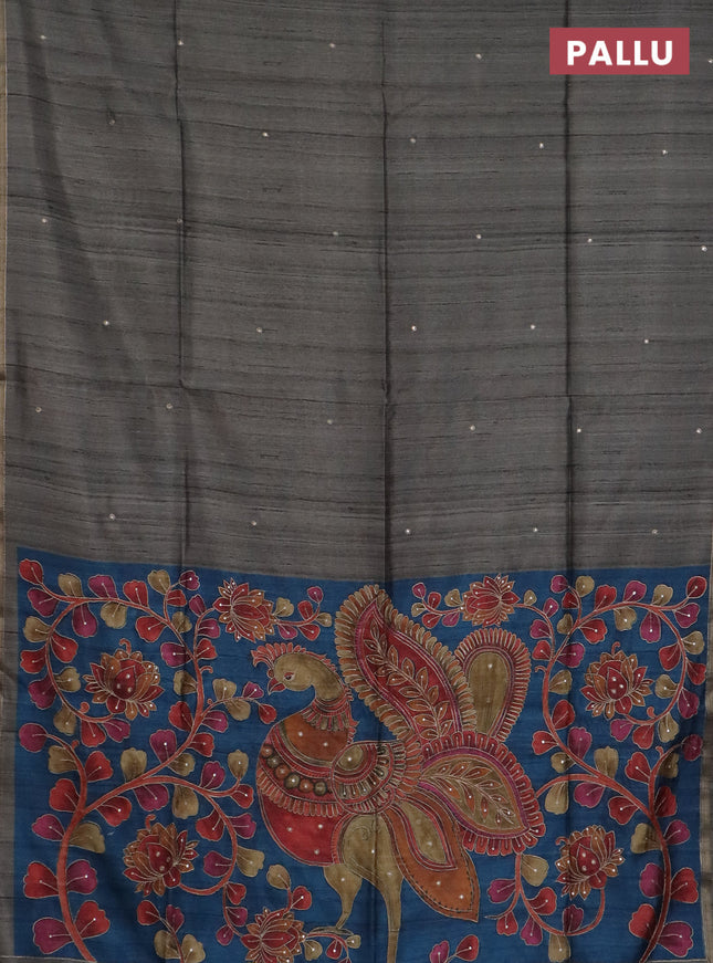 Semi tussar saree grey and cs blue with embroidery buttas and kalamkari prints & pita work pallu