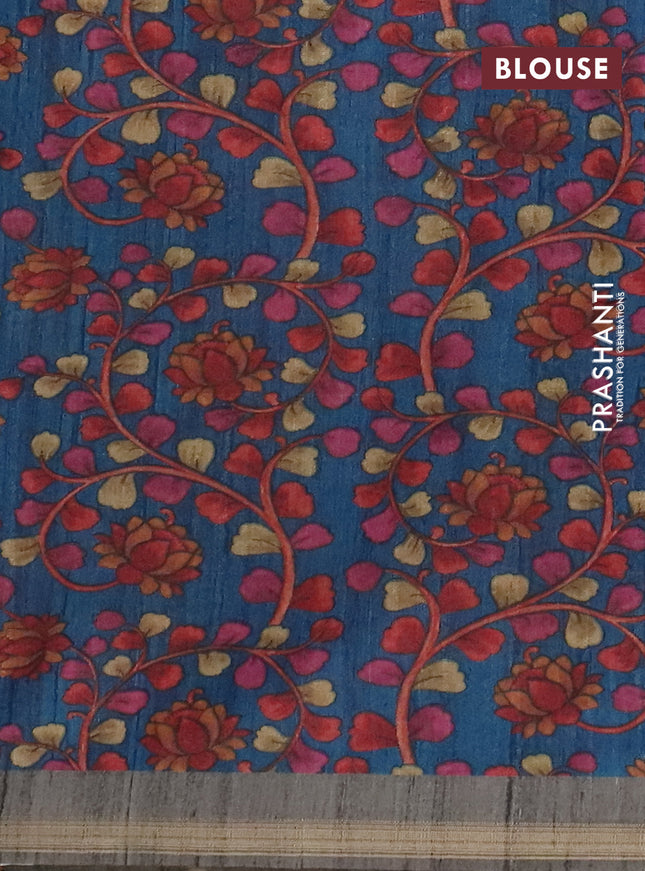 Semi tussar saree grey and cs blue with embroidery buttas and kalamkari prints & pita work pallu