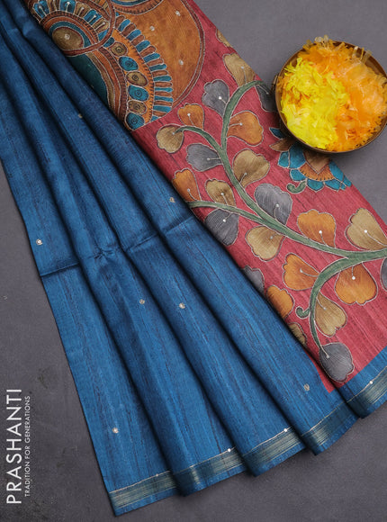 Semi tussar saree peacock blue and maroon with embroidery buttas and kalamkari prints & pita work pallu