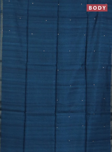 Semi tussar saree peacock blue and maroon with embroidery buttas and kalamkari prints & pita work pallu