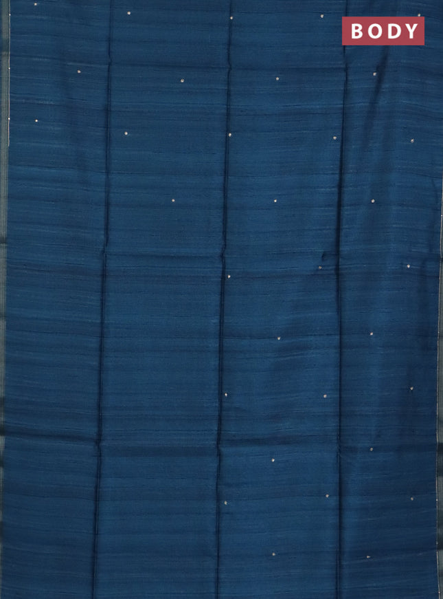 Semi tussar saree peacock blue and maroon with embroidery buttas and kalamkari prints & pita work pallu
