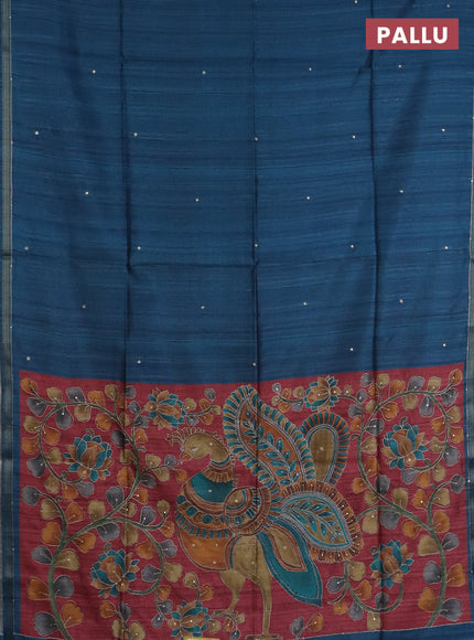 Semi tussar saree peacock blue and maroon with embroidery buttas and kalamkari prints & pita work pallu