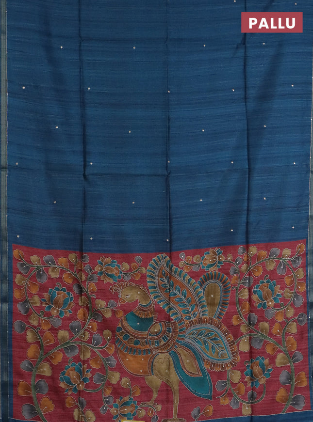 Semi tussar saree peacock blue and maroon with embroidery buttas and kalamkari prints & pita work pallu