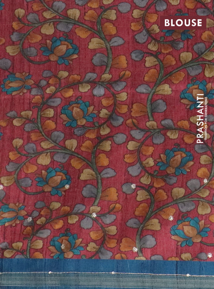 Semi tussar saree peacock blue and maroon with embroidery buttas and kalamkari prints & pita work pallu