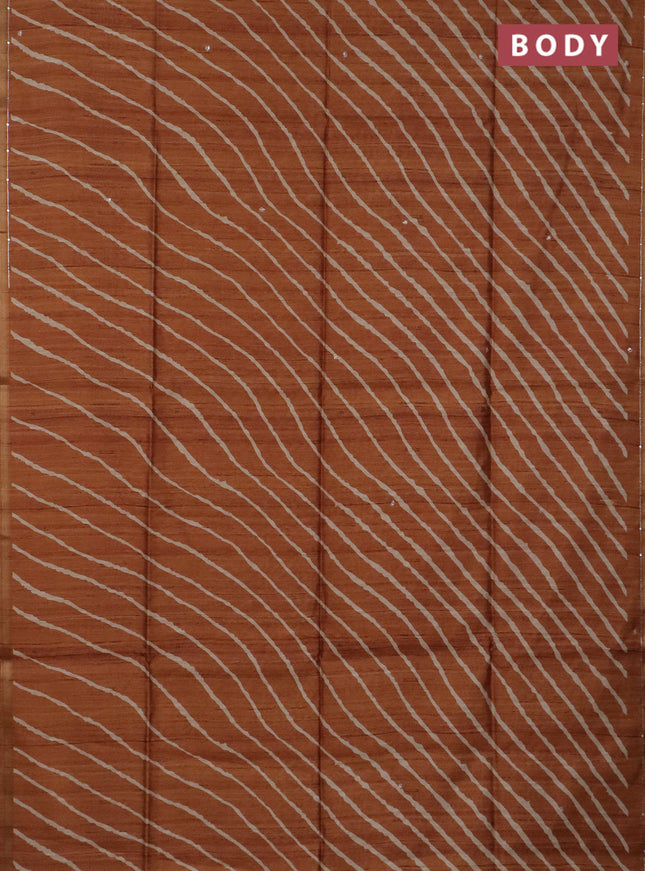 Semi tussar saree rust shade and beige with allover leheriya prints & zari buttas and kalamkari prints & pita work pallu