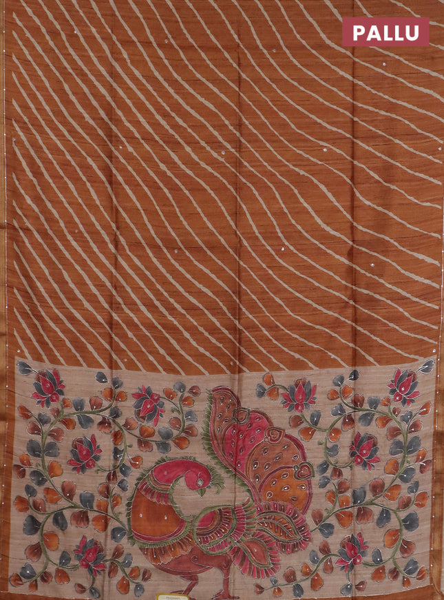 Semi tussar saree rust shade and beige with allover leheriya prints & zari buttas and kalamkari prints & pita work pallu