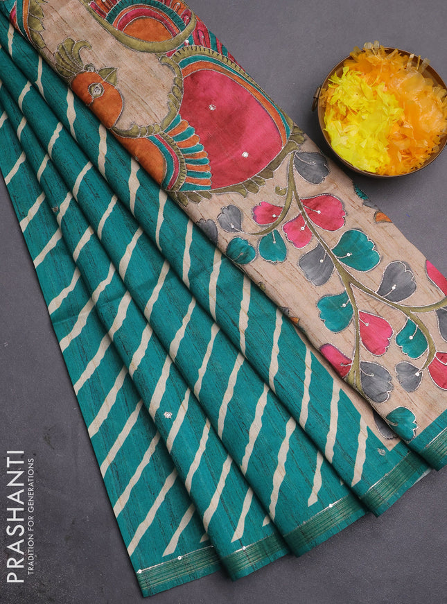 Semi tussar saree green and beige with allover leheriya prints & zari buttas and kalamkari prints & pita work pallu