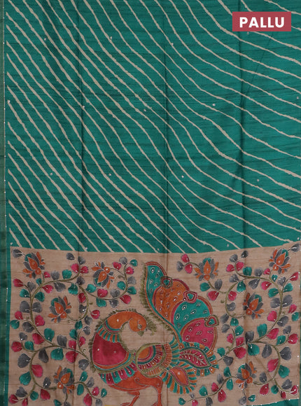 Semi tussar saree green and beige with allover leheriya prints & zari buttas and kalamkari prints & pita work pallu