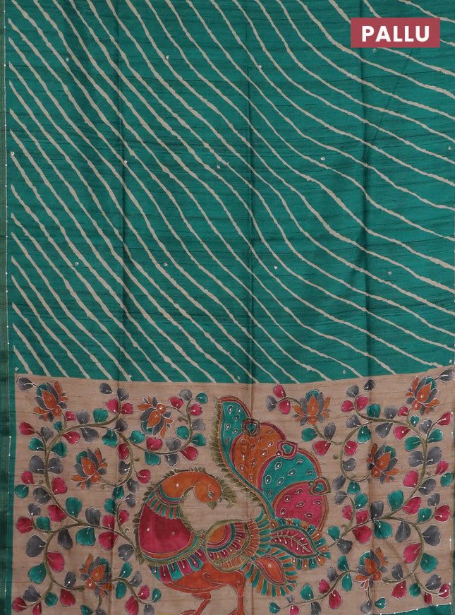 Semi tussar saree green and beige with allover leheriya prints & zari buttas and kalamkari prints & pita work pallu