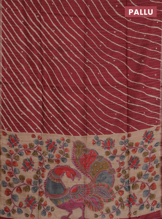 Semi tussar saree maroon and beige with allover leheriya prints & zari buttas and kalamkari prints & pita work pallu