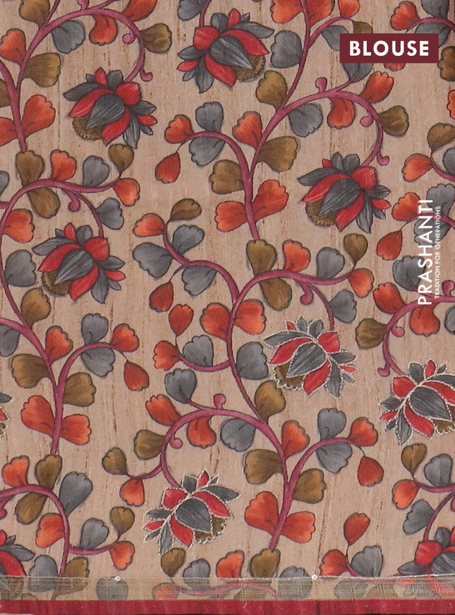 Semi tussar saree maroon and beige with allover leheriya prints & zari buttas and kalamkari prints & pita work pallu