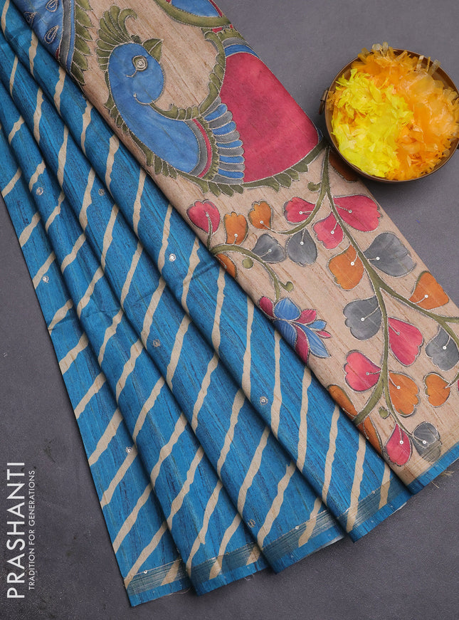 Semi tussar saree cs blue and beige with allover leheriya prints & zari buttas and kalamkari prints & pita work pallu