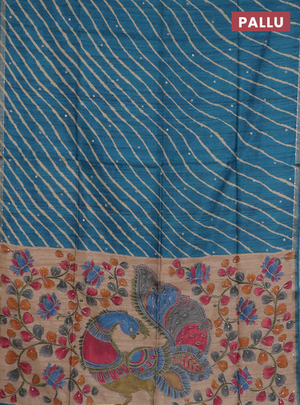 Semi tussar saree cs blue and beige with allover leheriya prints & zari buttas and kalamkari prints & pita work pallu