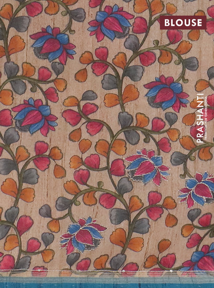 Semi tussar saree cs blue and beige with allover leheriya prints & zari buttas and kalamkari prints & pita work pallu