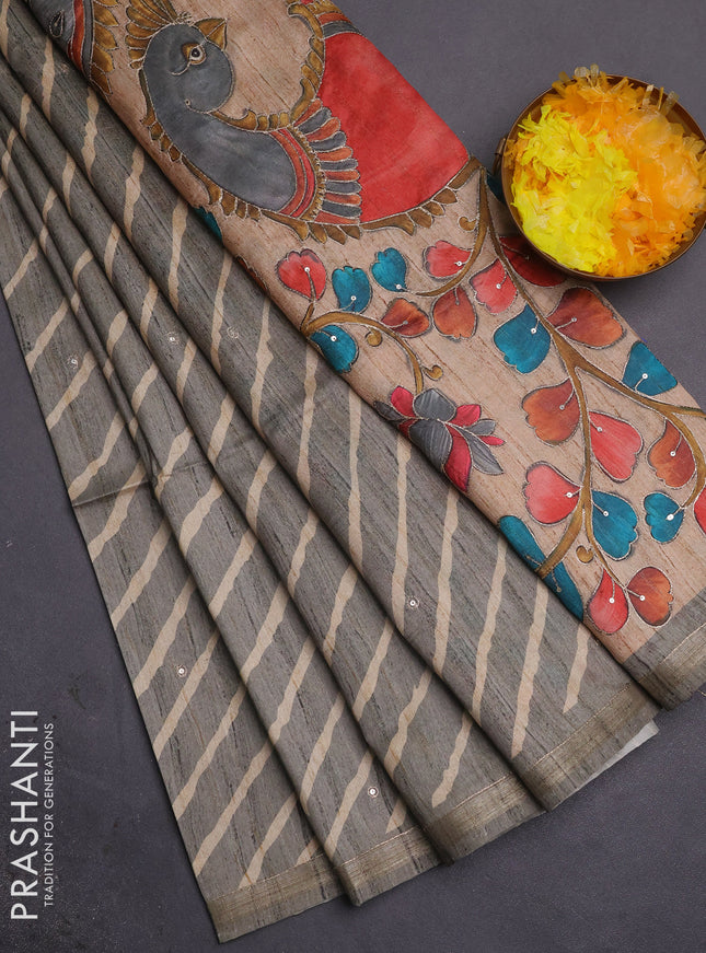 Semi tussar saree grey and beige with allover leheriya prints & zari buttas and kalamkari prints & pita work pallu