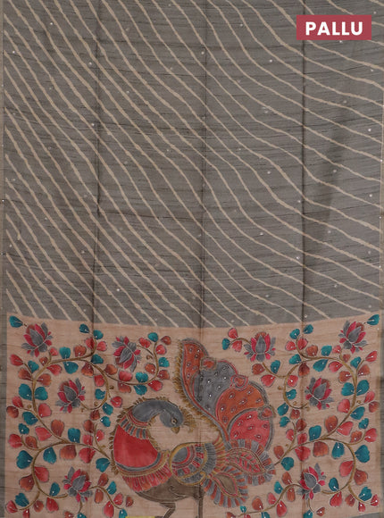 Semi tussar saree grey and beige with allover leheriya prints & zari buttas and kalamkari prints & pita work pallu