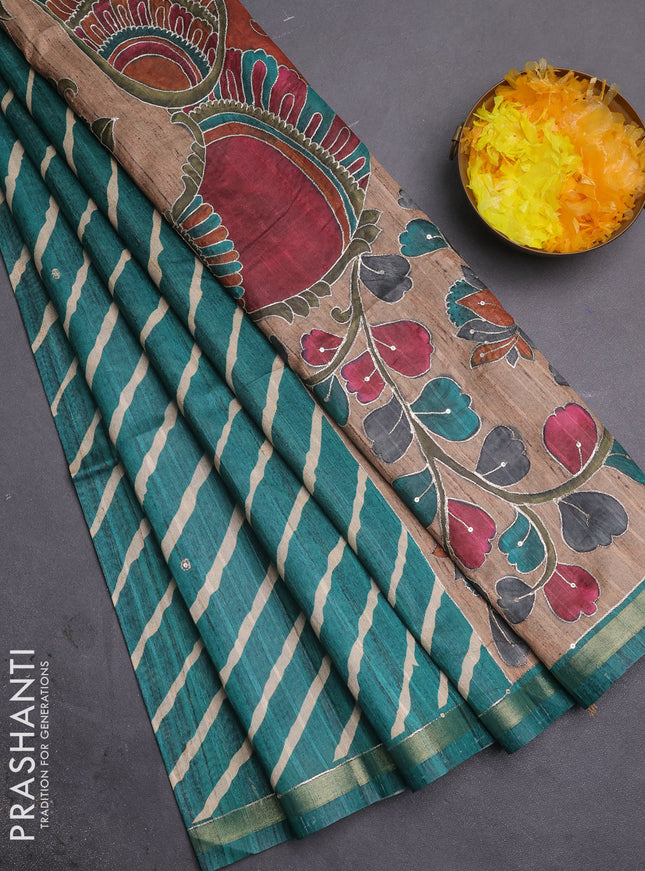 Semi tussar saree green and beige with allover leheriya prints & zari buttas and kalamkari prints & pita work pallu