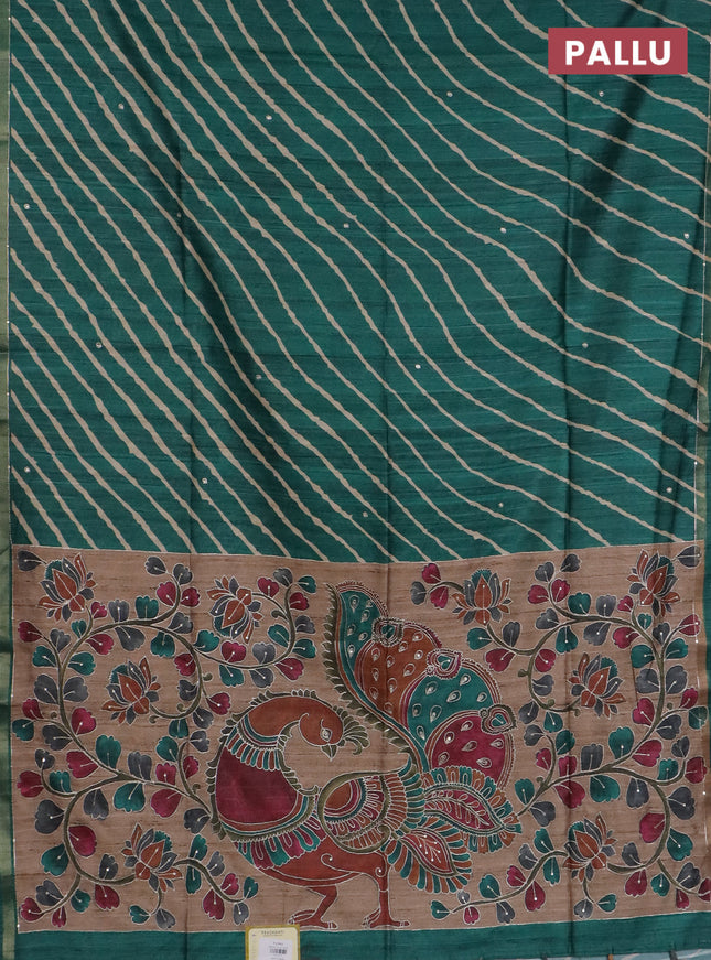Semi tussar saree green and beige with allover leheriya prints & zari buttas and kalamkari prints & pita work pallu