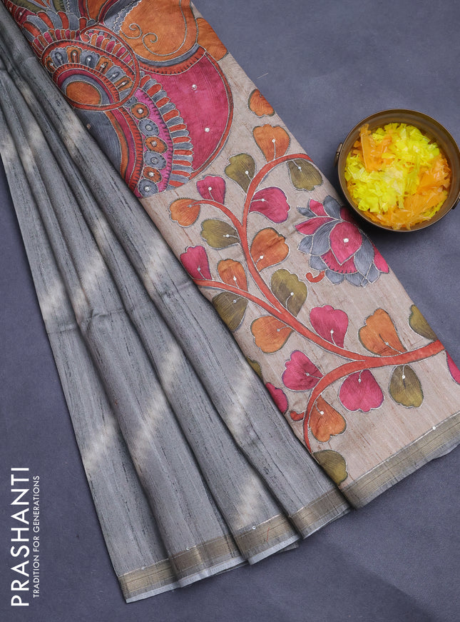 Semi tussar saree grey and beige with allover leheriya prints & zari buttas and kalamkari prints & pita work pallu
