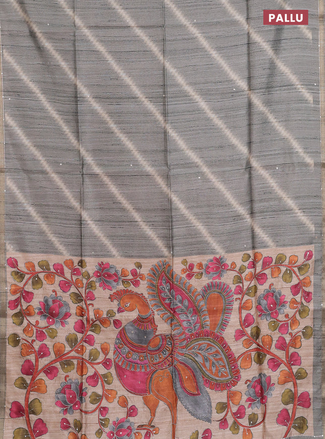 Semi tussar saree grey and beige with allover leheriya prints & zari buttas and kalamkari prints & pita work pallu