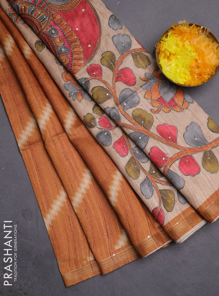Semi tussar saree rustic orange and beige with allover leheriya prints & zari buttas and kalamkari prints & pita work pallu
