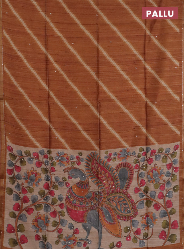 Semi tussar saree rustic orange and beige with allover leheriya prints & zari buttas and kalamkari prints & pita work pallu