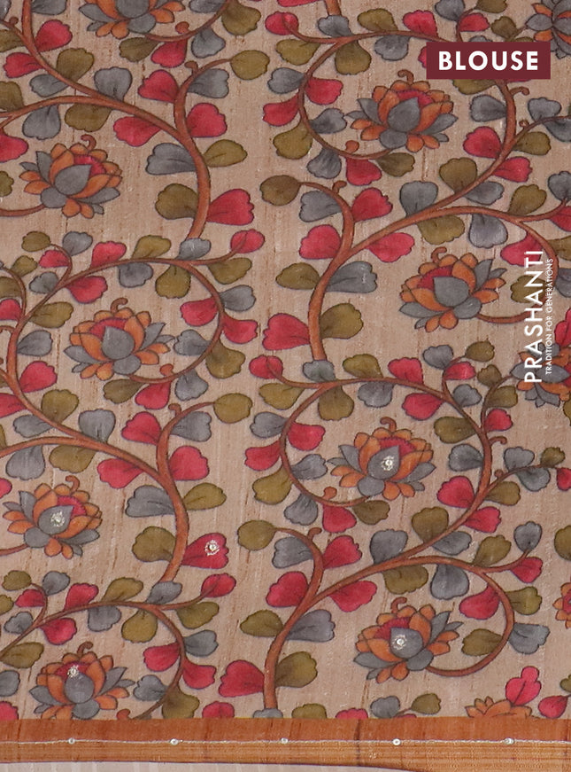 Semi tussar saree rustic orange and beige with allover leheriya prints & zari buttas and kalamkari prints & pita work pallu