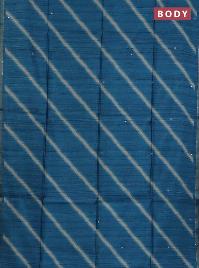 Semi tussar saree cs blue and beige with allover leheriya prints & zari buttas and kalamkari prints & pita work pallu