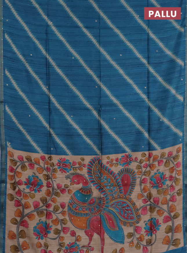 Semi tussar saree cs blue and beige with allover leheriya prints & zari buttas and kalamkari prints & pita work pallu